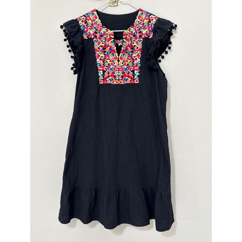 Embroidered Shift Dress Womens Small Black Pom Pom Trim Boho Floral
